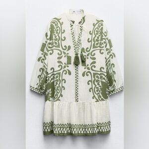 Zara ecru and green printed mini dress